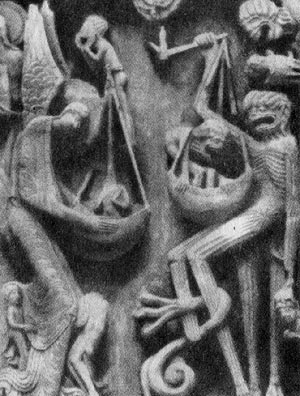 Ангел и дьявол взвешивают души умерших. Фрагмент рельефа собора Сен-Лазар