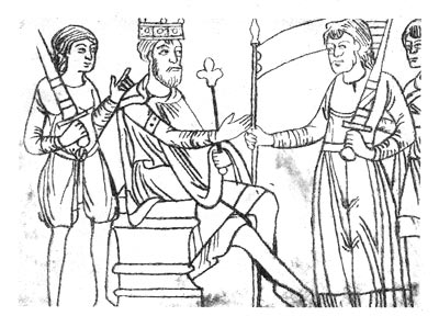 Король вручает вассалу знамя в знак передачи ему крупных земельных владений. Миниатюра (XIII в.)